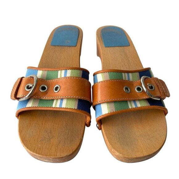 Vintage Coach Striped Canvas Vachetta Sandal Mid Heel in Size 8 - Picture 3 of 16